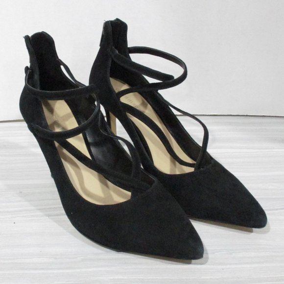 SAKS FIFTH AVENUE 'BERNADET'  3.5" ANKLE STRAP HEELS! BLACK MICRO-SUEDE. - Picture 2 of 13